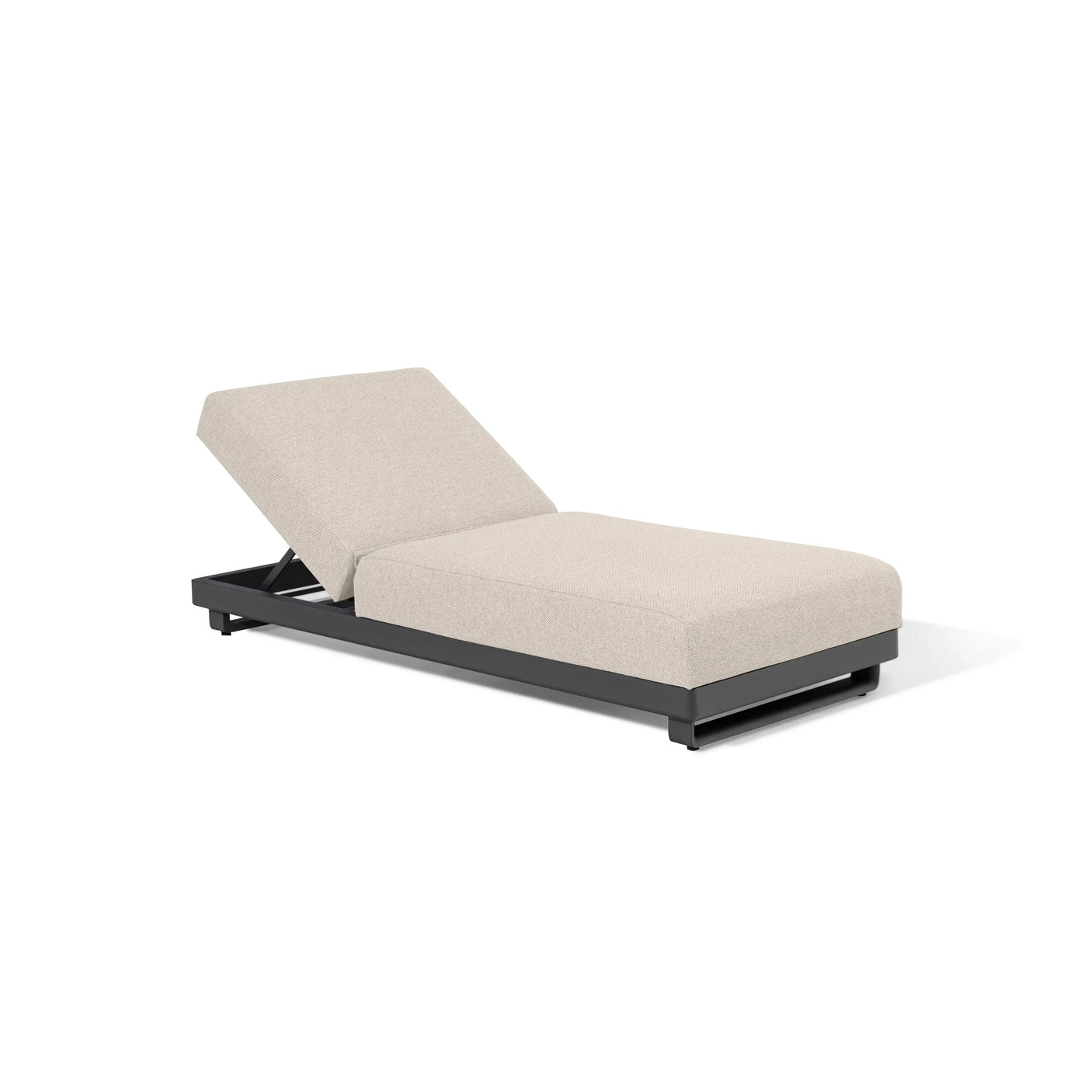 Beige fabric outdoor sun lounger with adjustable back and black base on white background