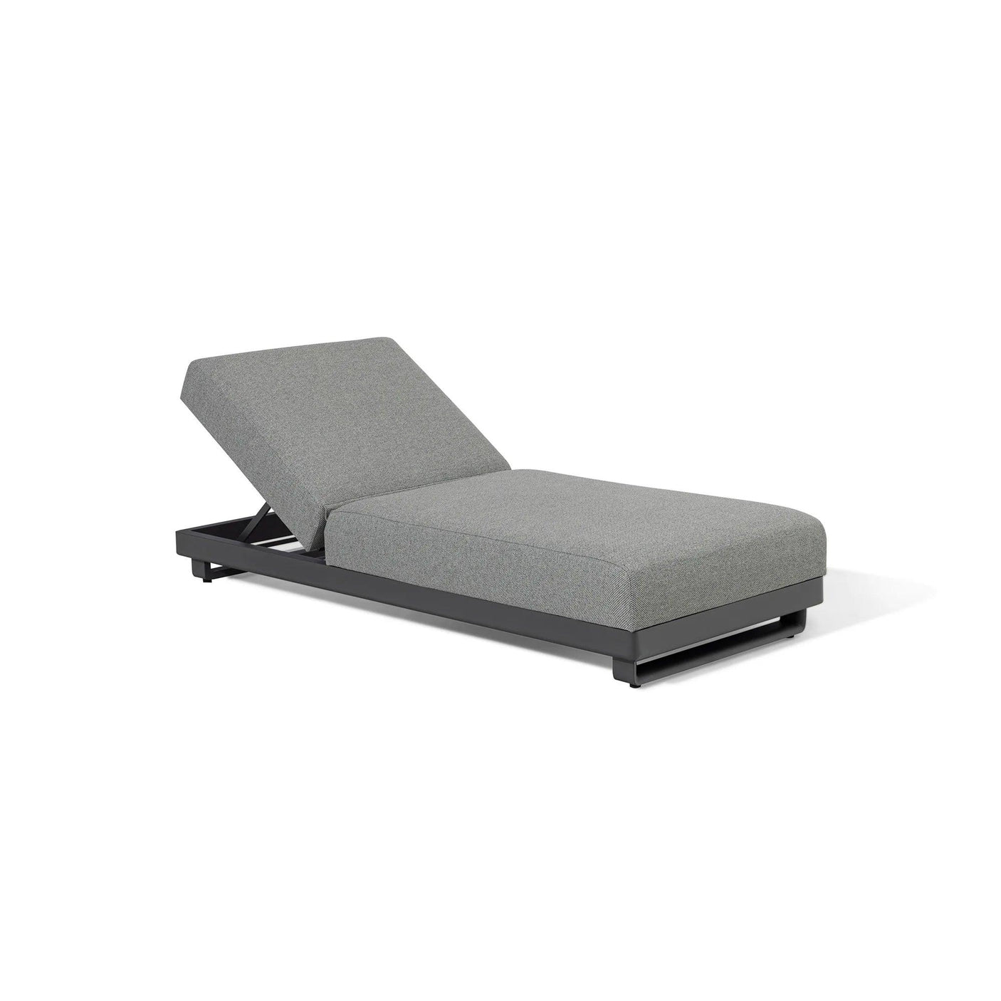 Grey fabric chaise lounge with adjustable backrest and metal base