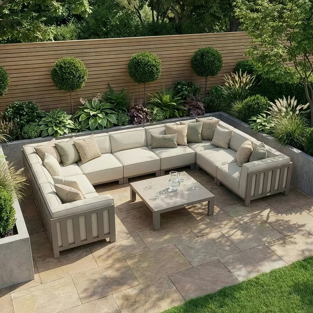 Beige outdoor corner sofa set with cushions and square coffee table on patio