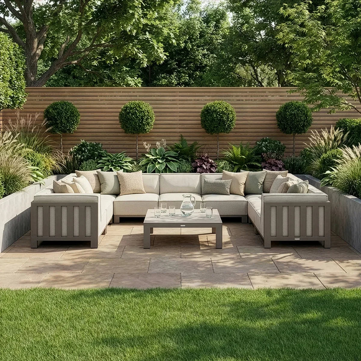 Corner outdoor sofa set with beige cushions and coffee table on patio, garden background