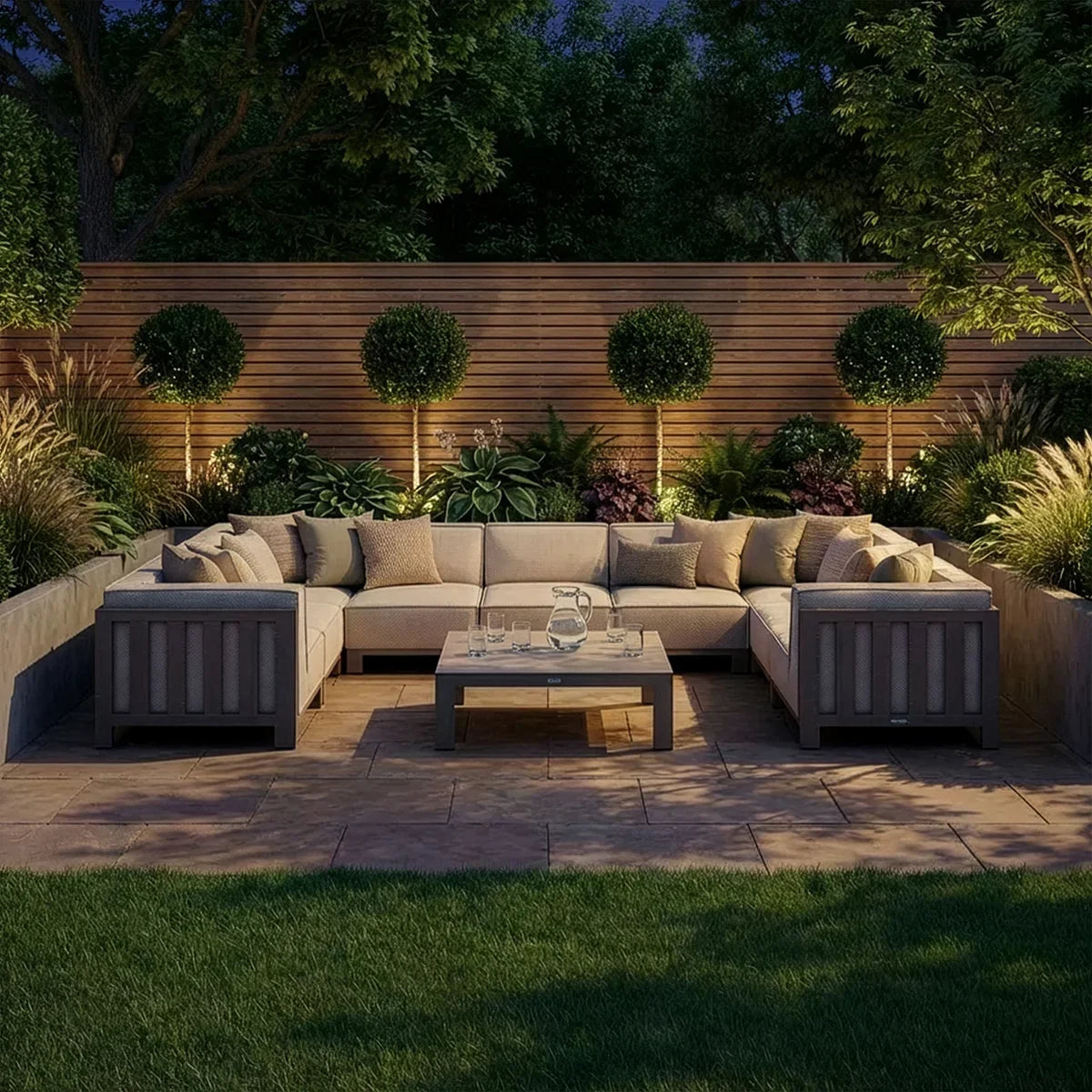 Outdoor corner sofa set with beige cushions and coffee table on stone patio, garden backdrop