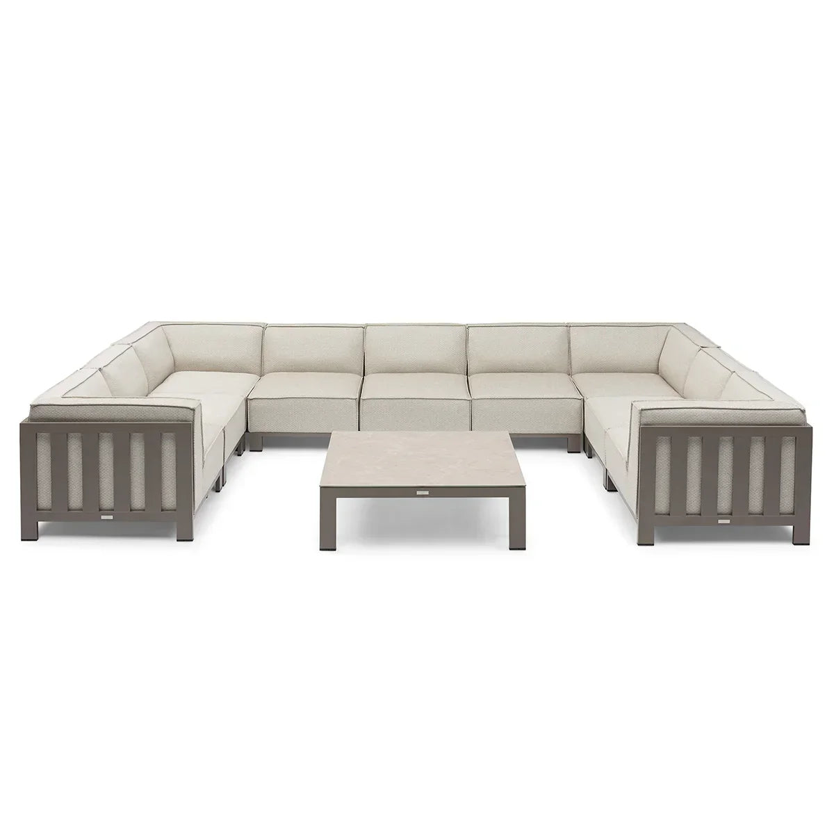 Beige corner outdoor sofa set with grey metal frame and matching square coffee table