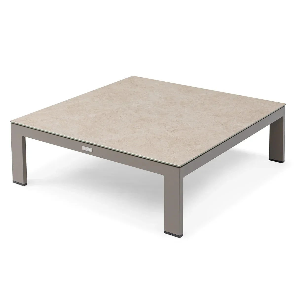 Square coffee table with beige stone-effect top and grey metal frame