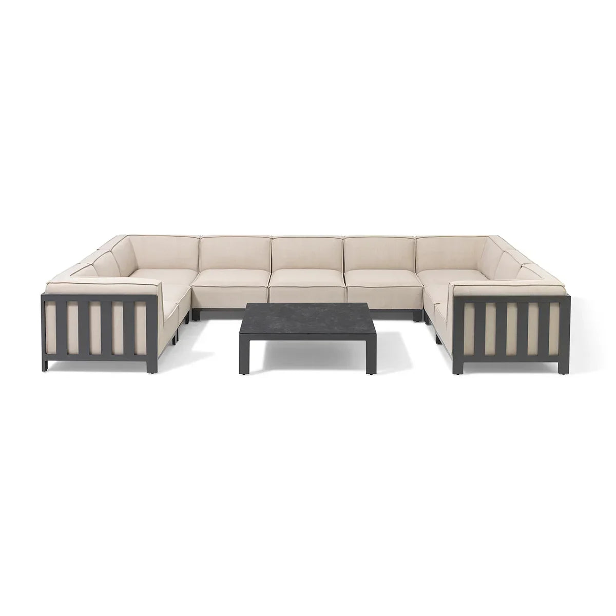 Beige outdoor corner sofa set with dark frame and coffee table in front view