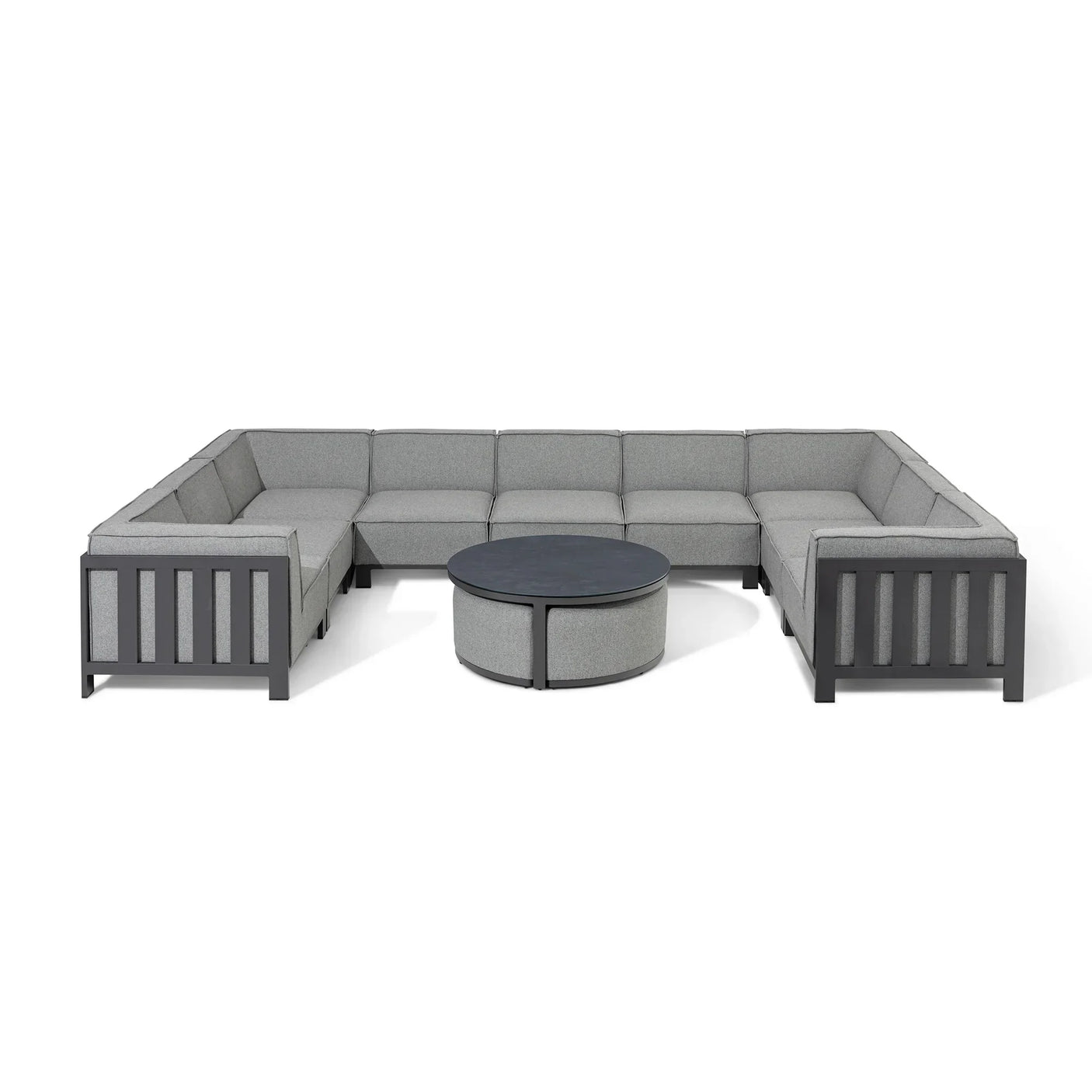 Grey corner garden sofa set with cushions and round coffee table, black metal frame