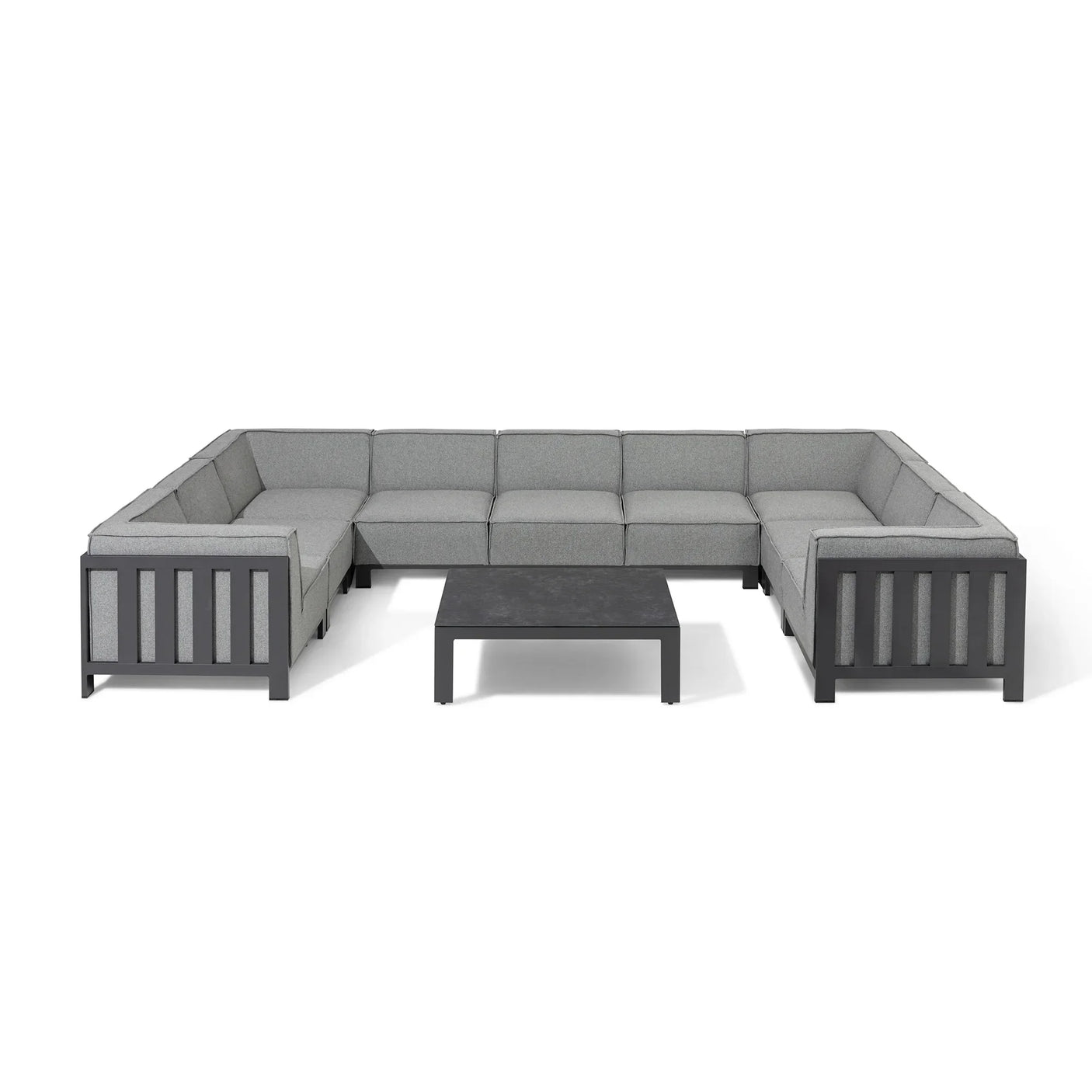 Grey corner sofa set with metal frame and central coffee table, front facing angle