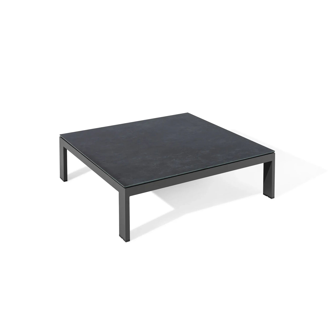 Black square coffee table with metal frame and dark tabletop, angled front view