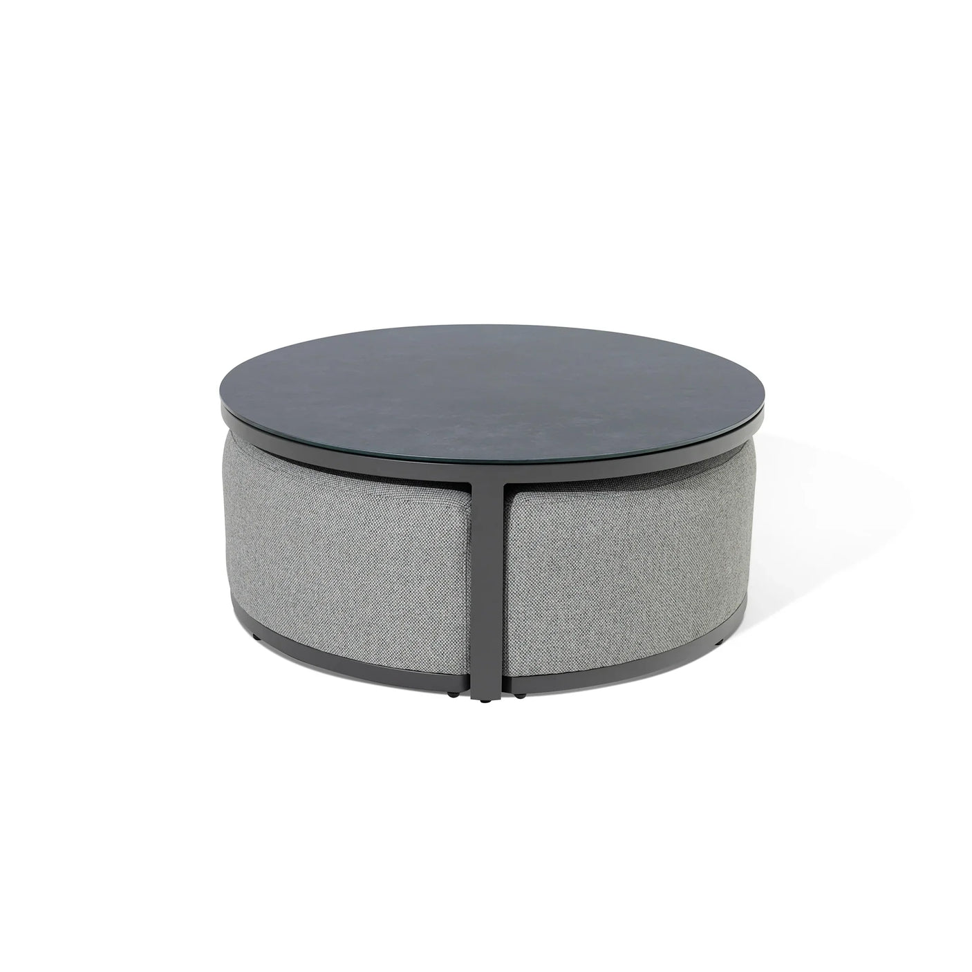 Round fabric and metal coffee table with dark top and light grey sides