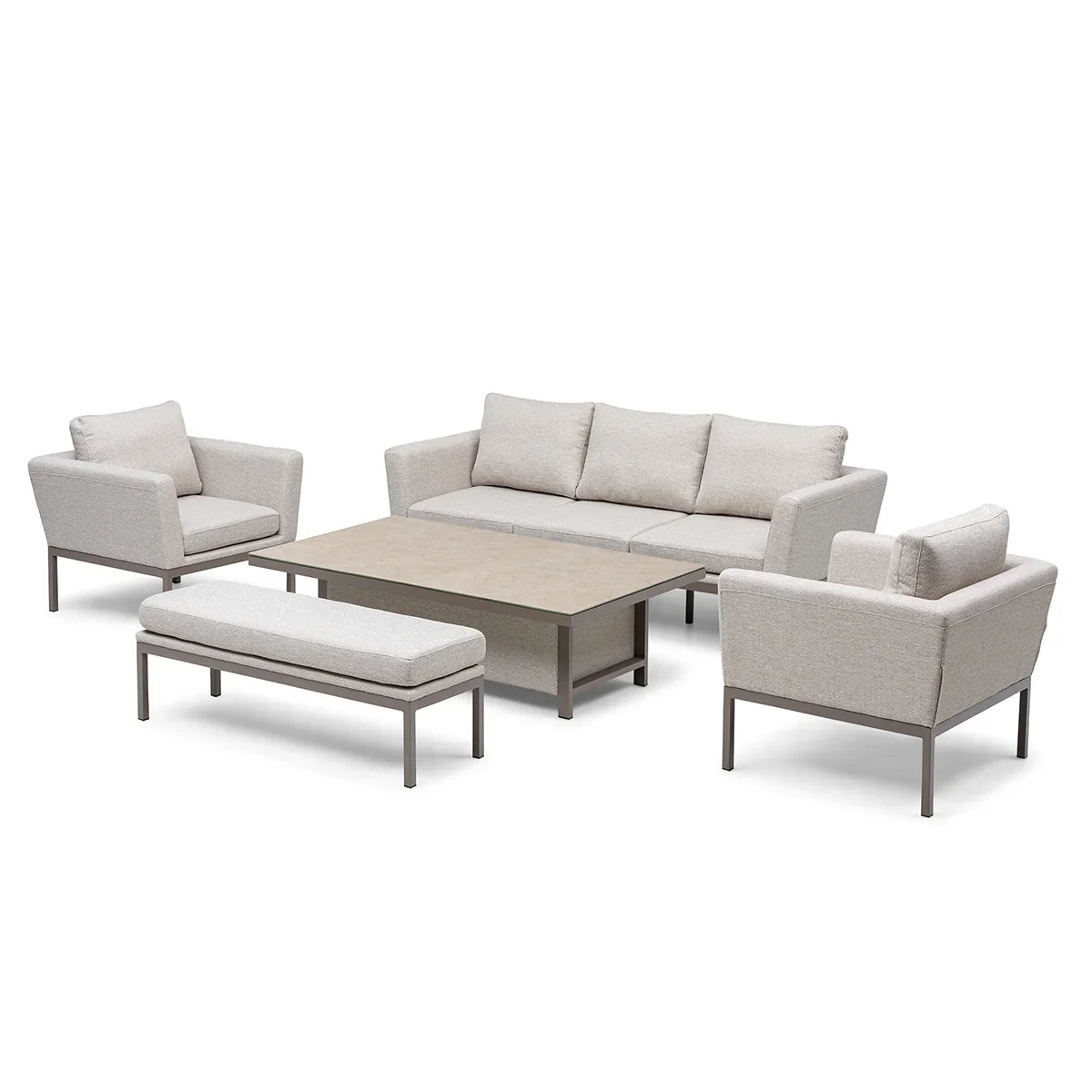 Beige outdoor sofa set with two armchairs, bench, and rectangular coffee table on white background