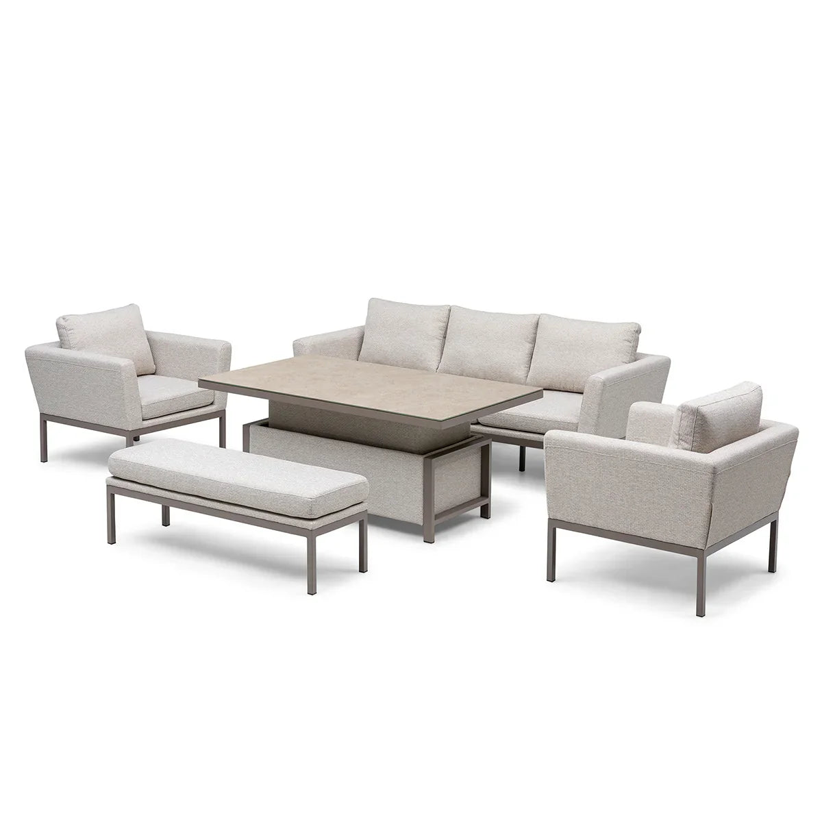 Beige garden furniture set with sofa, armchairs, bench, and rectangular dining table