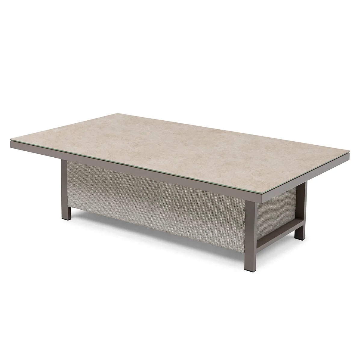 Beige rectangular coffee table with stone-look top and metal frame, angled front view