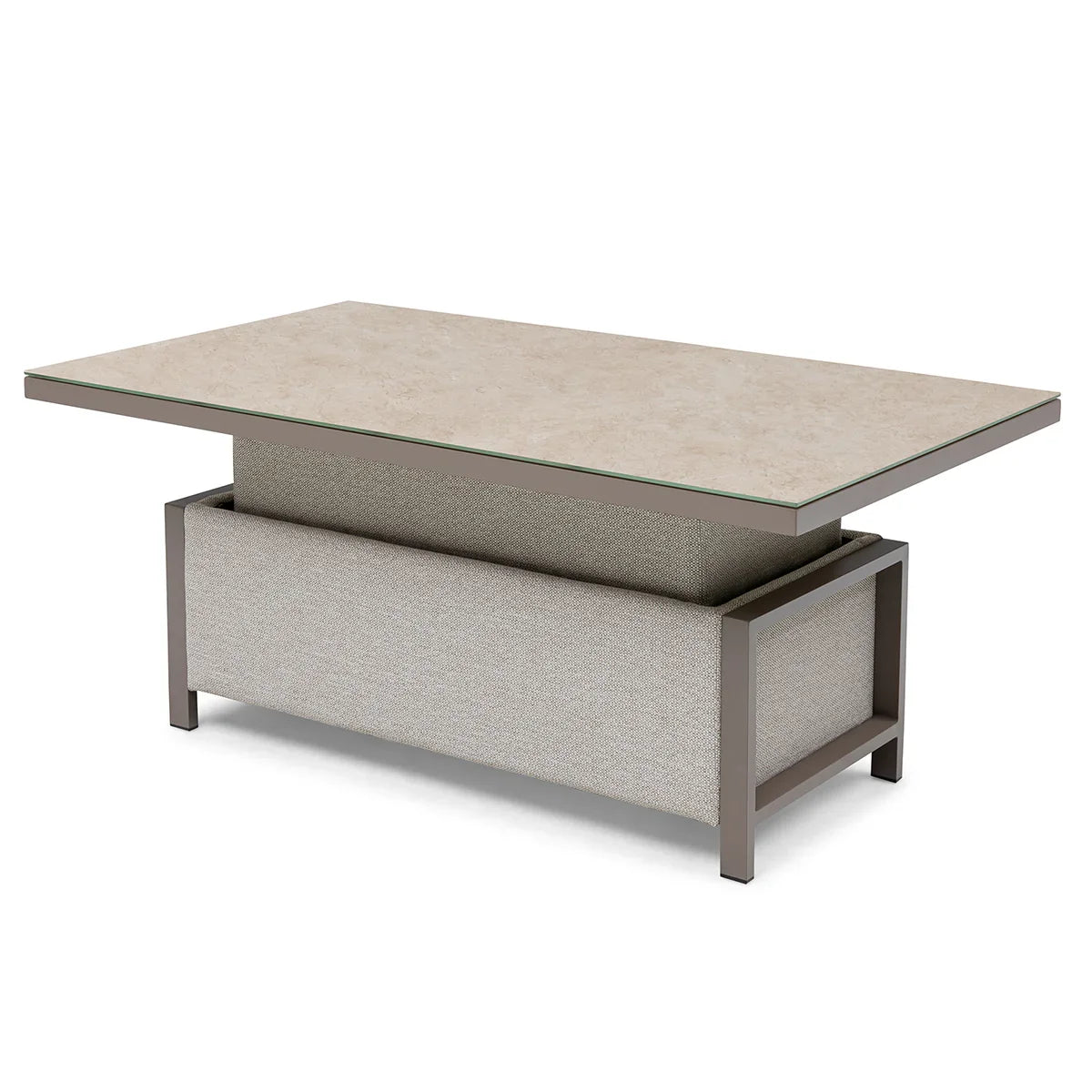 Rectangular beige ceramic coffee table with metal frame and fabric base, angled view