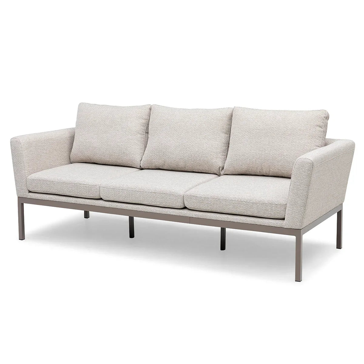 Beige fabric sofa with metal frame and three seat cushions, front angle view