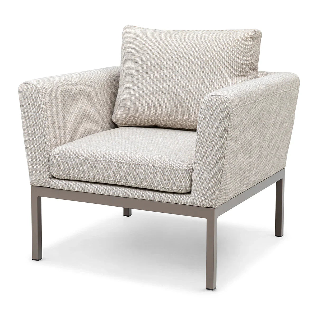 Beige fabric armchair with metal legs and cushioned seat, shown at a front angle