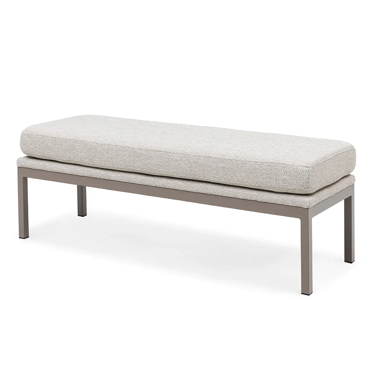 Beige fabric upholstered bench with slim metal frame and rectangular cushion