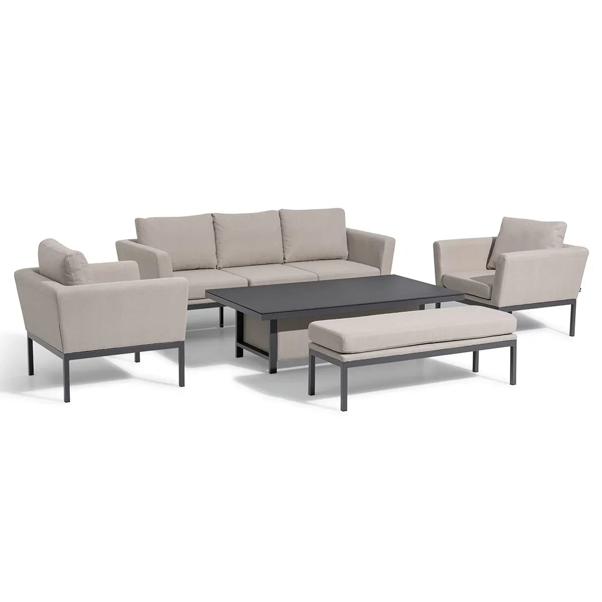 Beige outdoor sofa set with armchairs, bench and black metal coffee table on white background