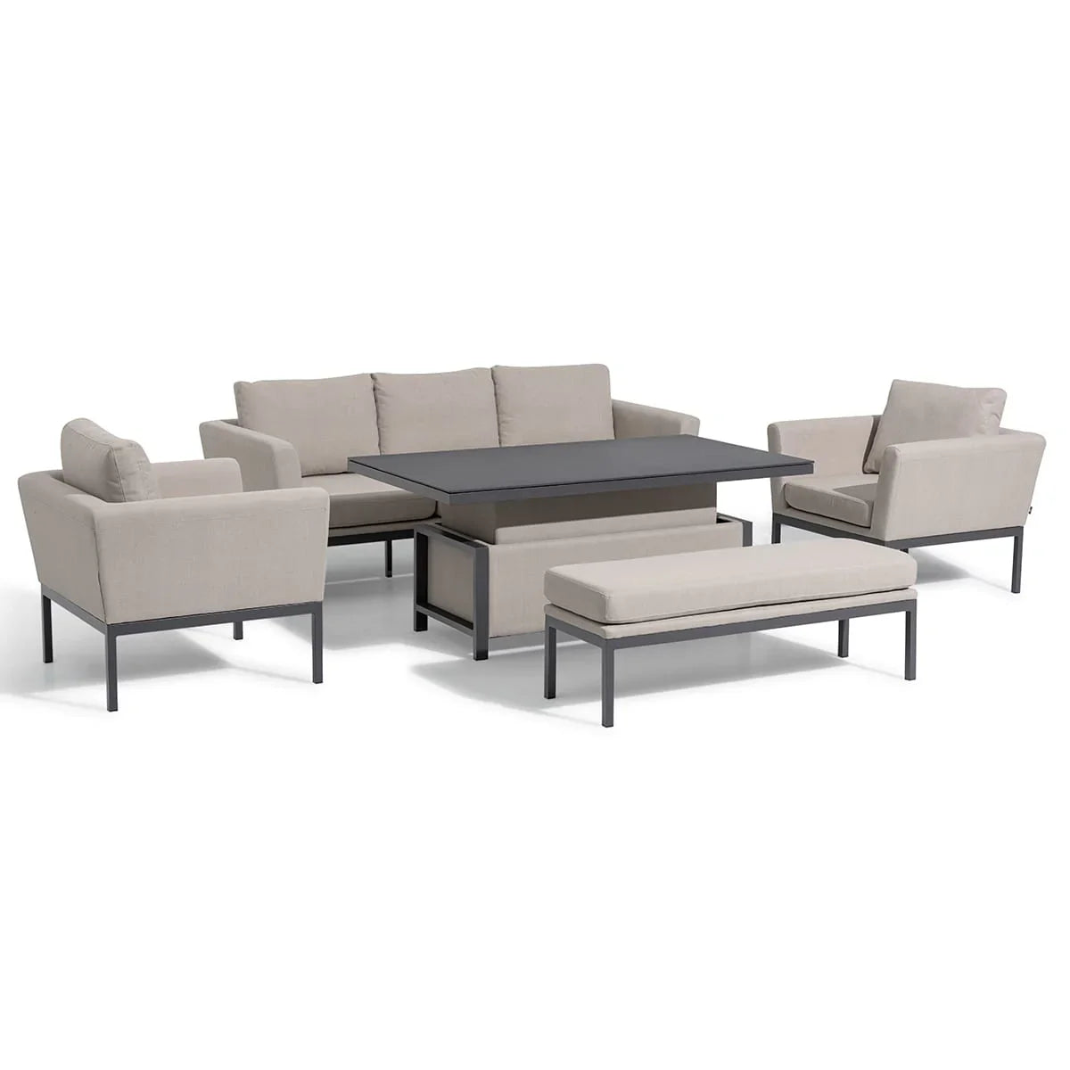 Beige outdoor sofa set with matching armchairs, bench and black rectangular garden table