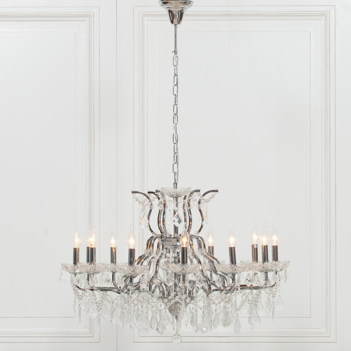 Chrome 12 Branch Shallow Cut Glass Chandelier