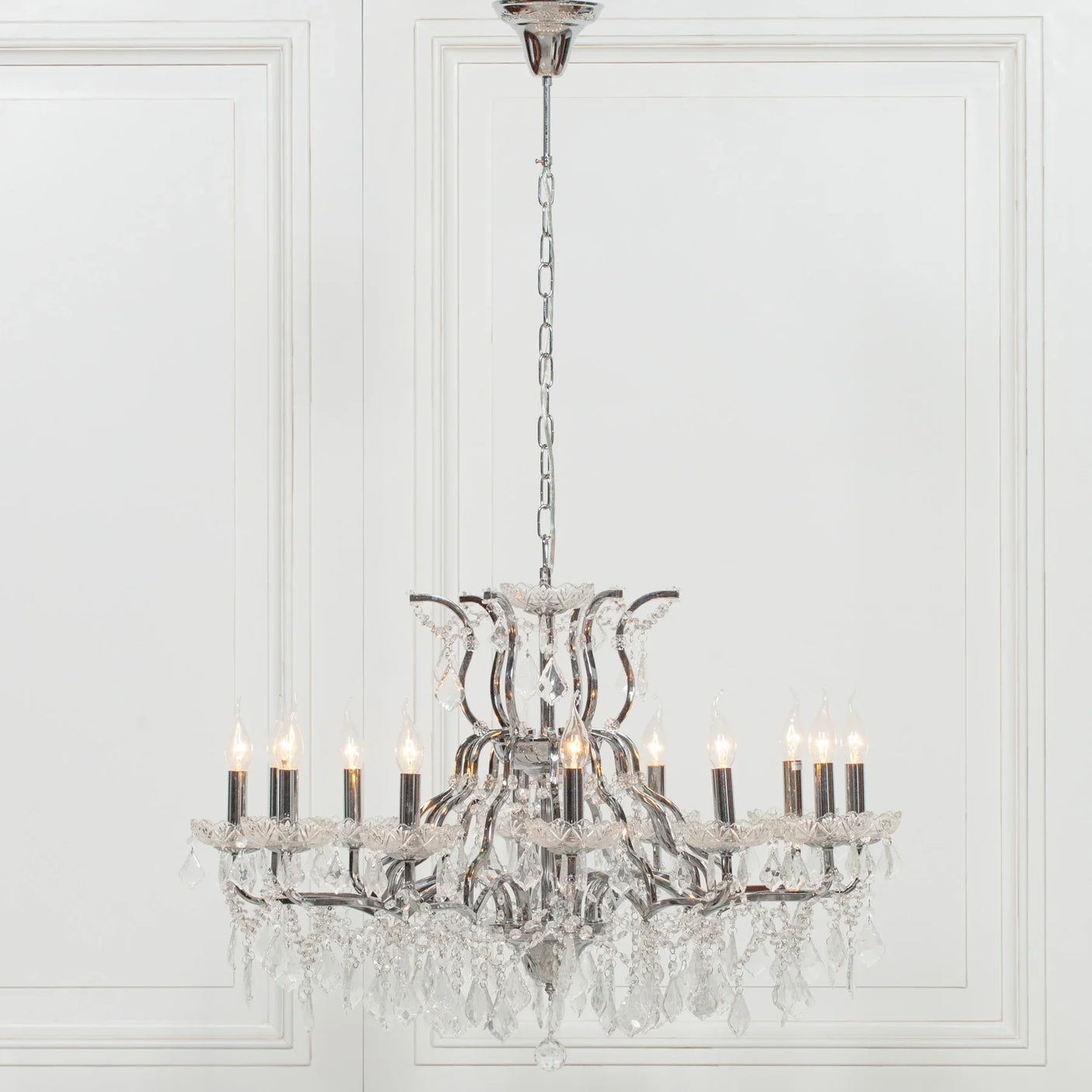Chrome 12 Branch Shallow Cut Glass Chandelier