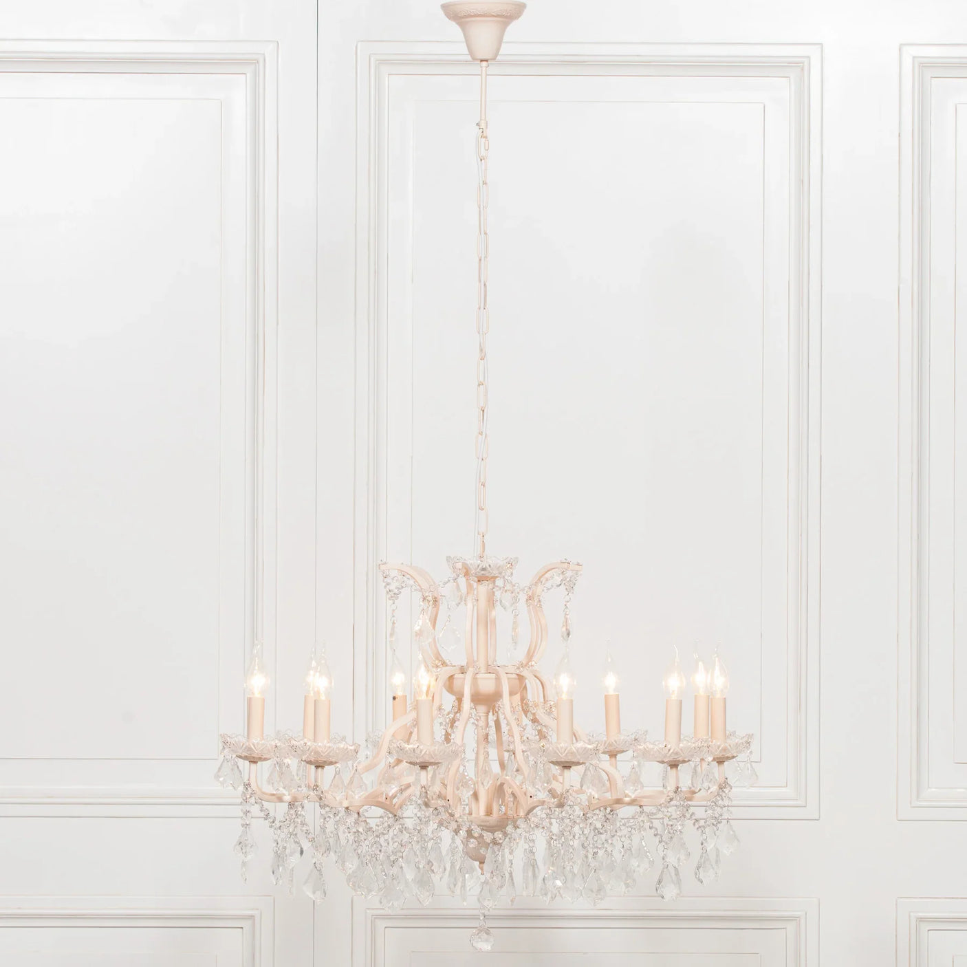 Cream 12 Branch Shallow Cut Glass Chandelier