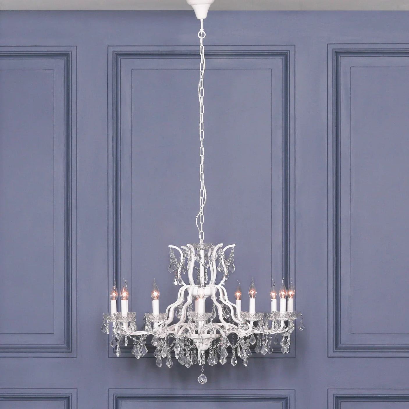 White 12 Branch Shallow Cut Glass Chandelier