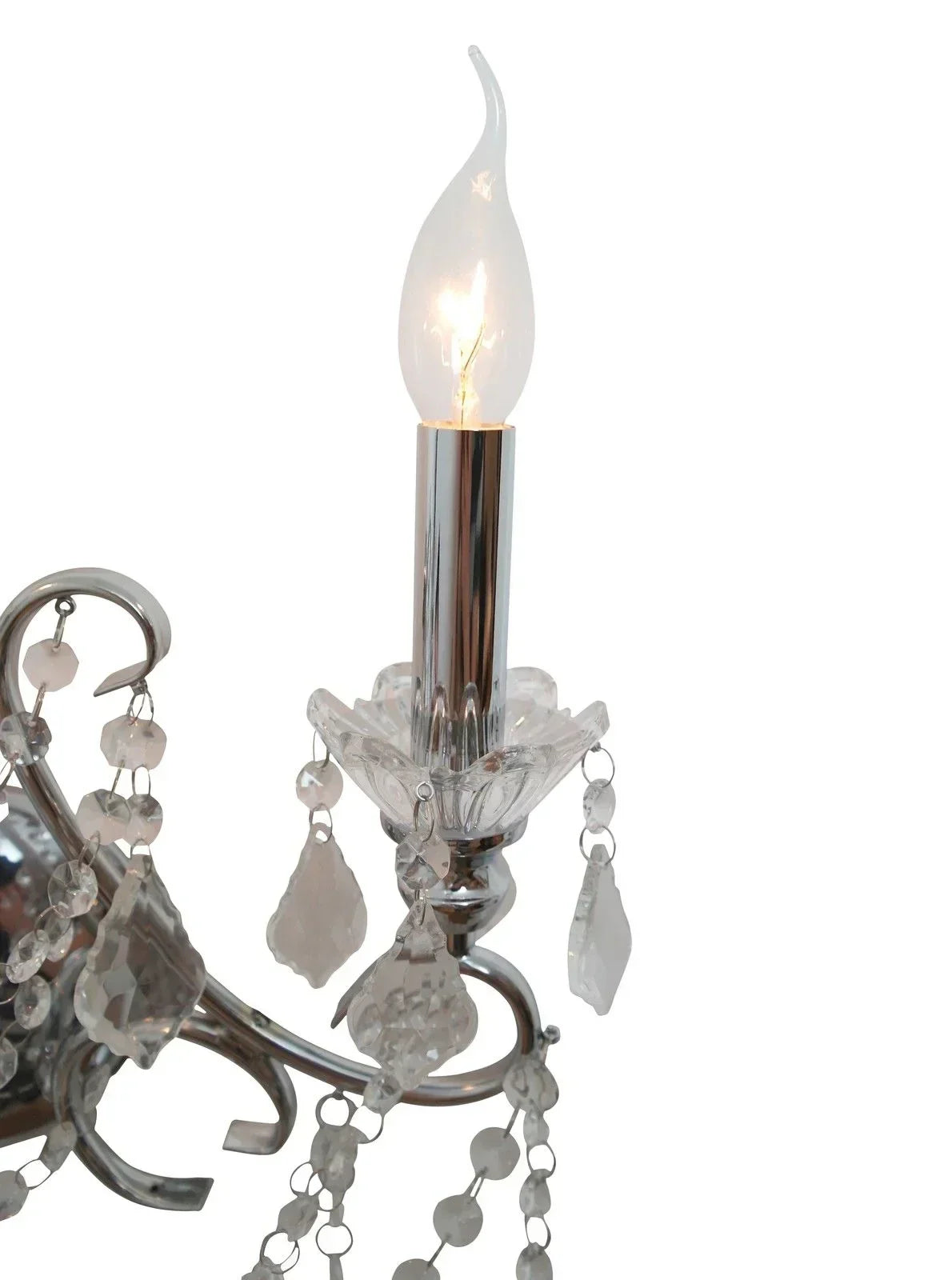 Crystal chandelier arm with chrome finish and candle style bulb detail