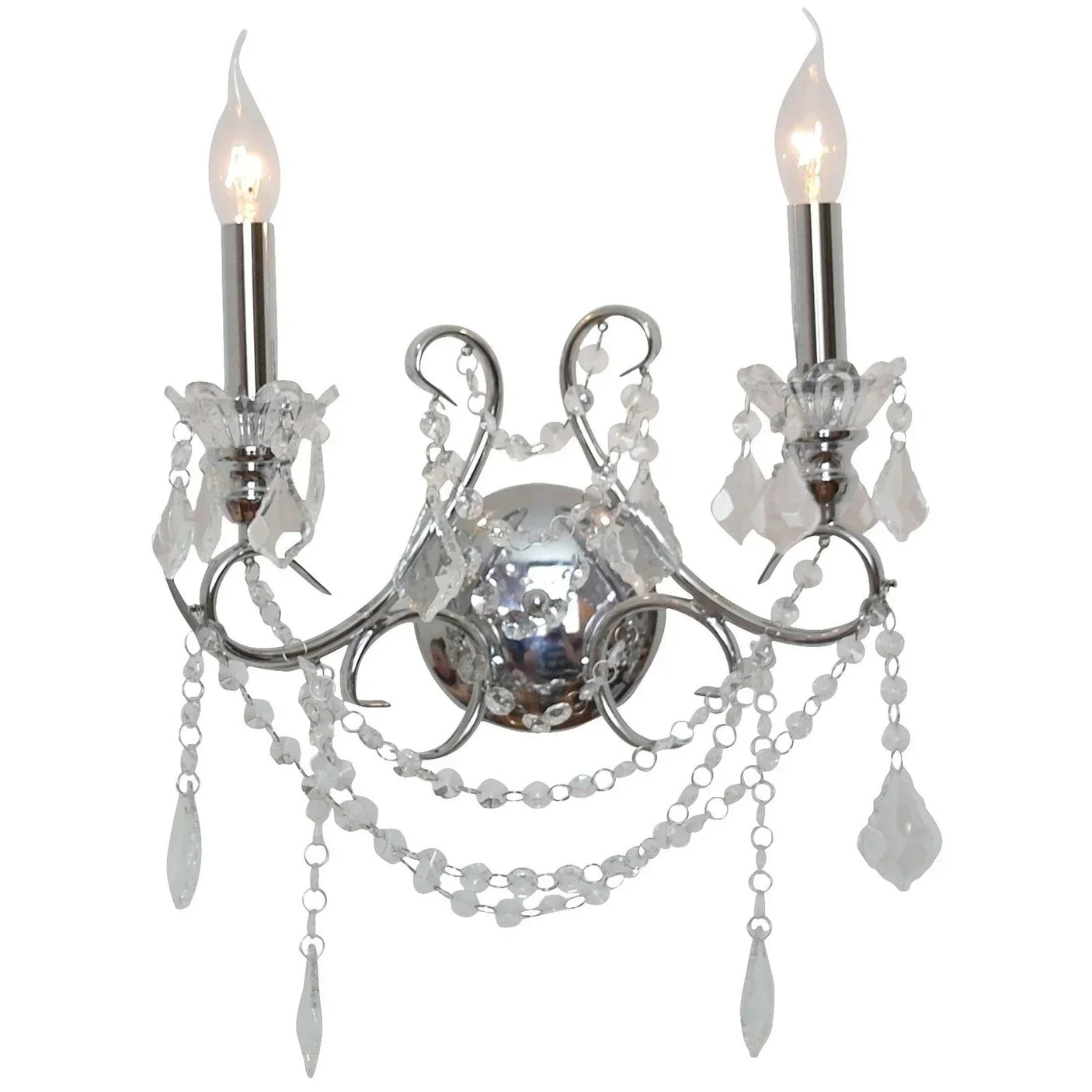 Chrome wall sconce with two candle lights and hanging crystal beads