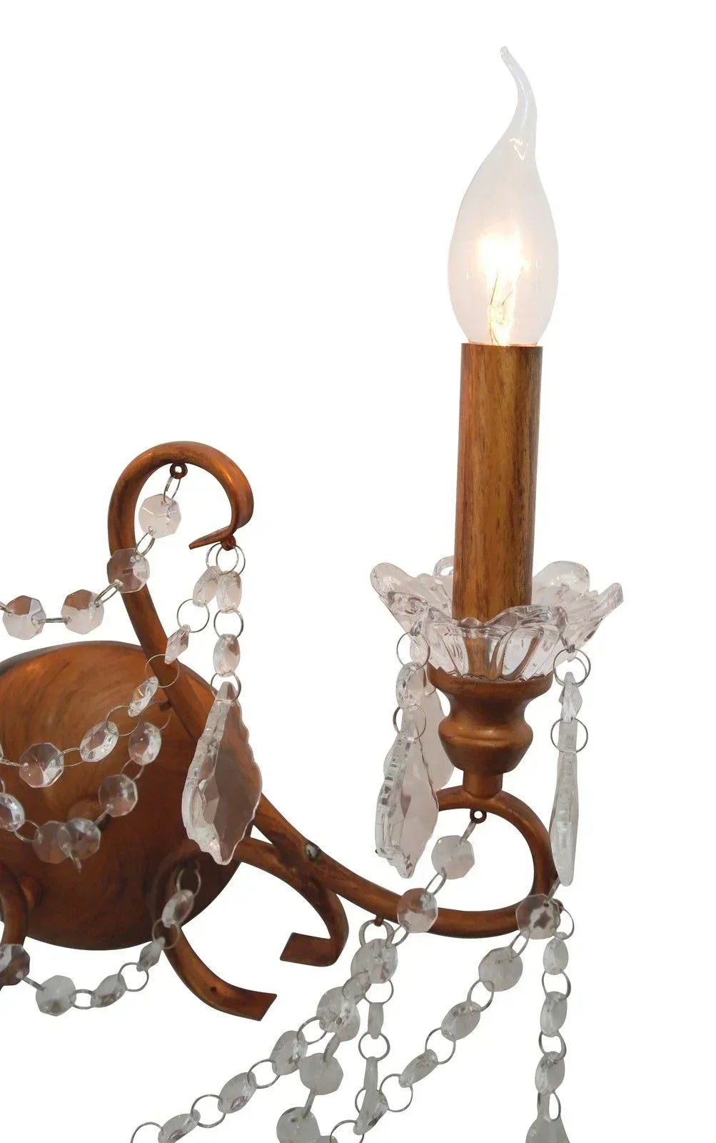 Wood finish chandelier arm with glass candle bulb and crystal effect bead chains