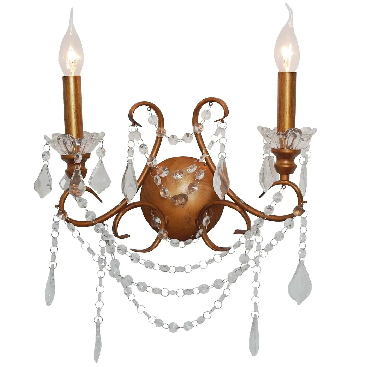 Gold wall light fixture with two candle bulbs and hanging crystal beads