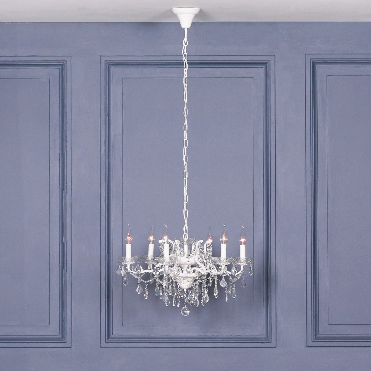 White 6 Branch Shallow Cut Glass Chandelier