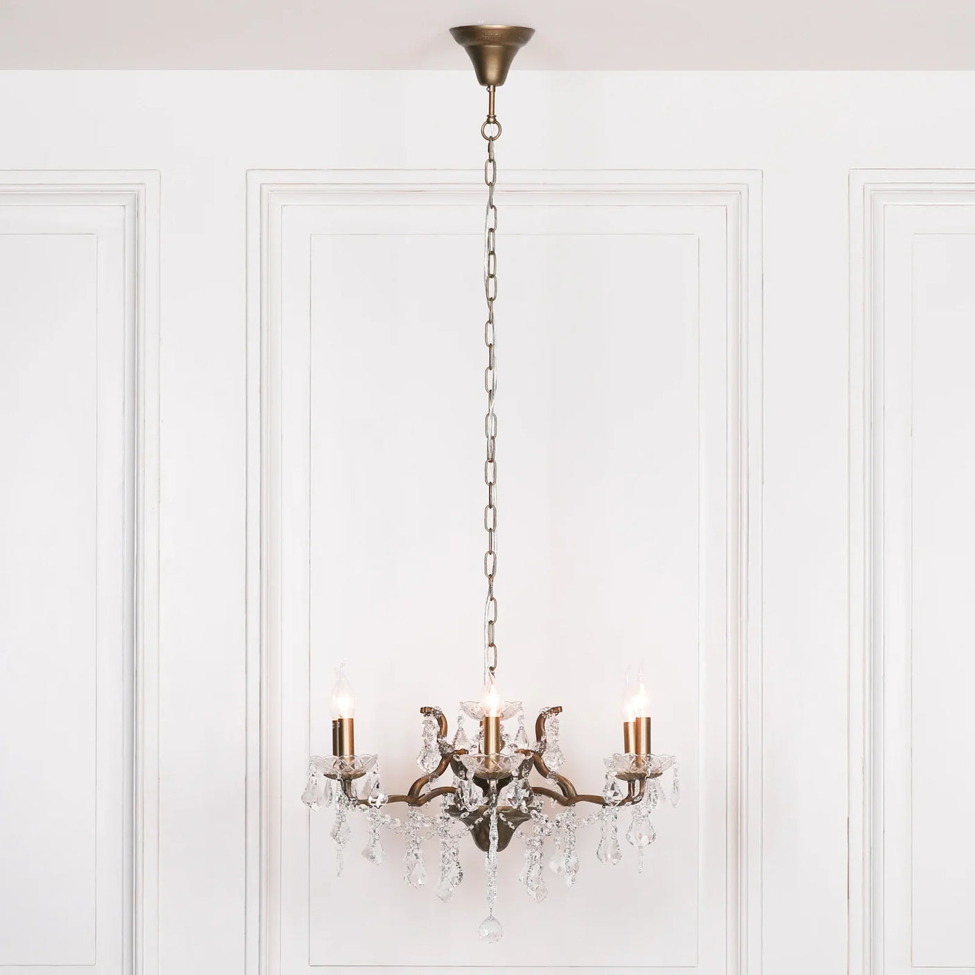 Antique Gold 6 Branch Shallow Cut Glass Chandelier