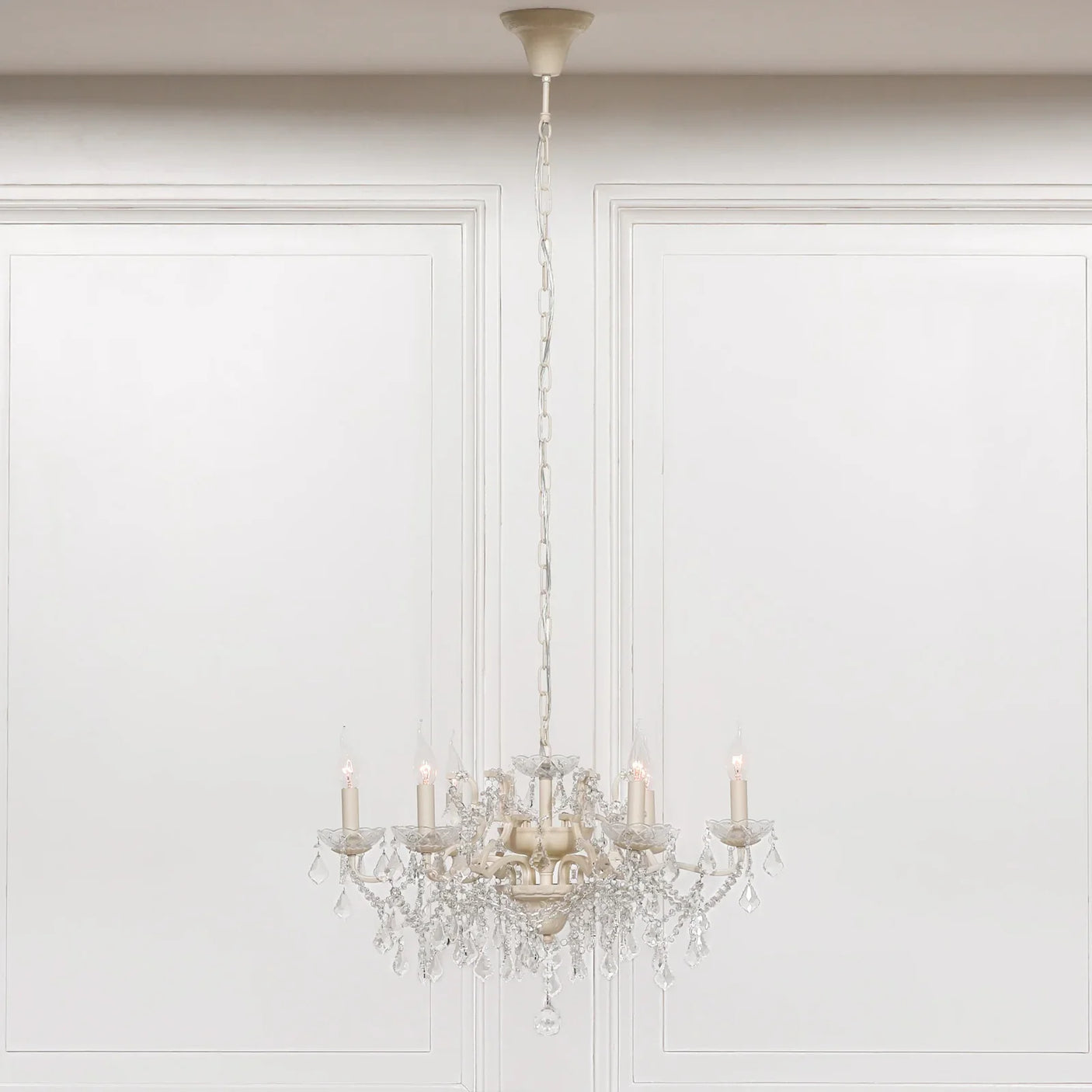 Cream 6 Branch Shallow Cut Glass Chandelier