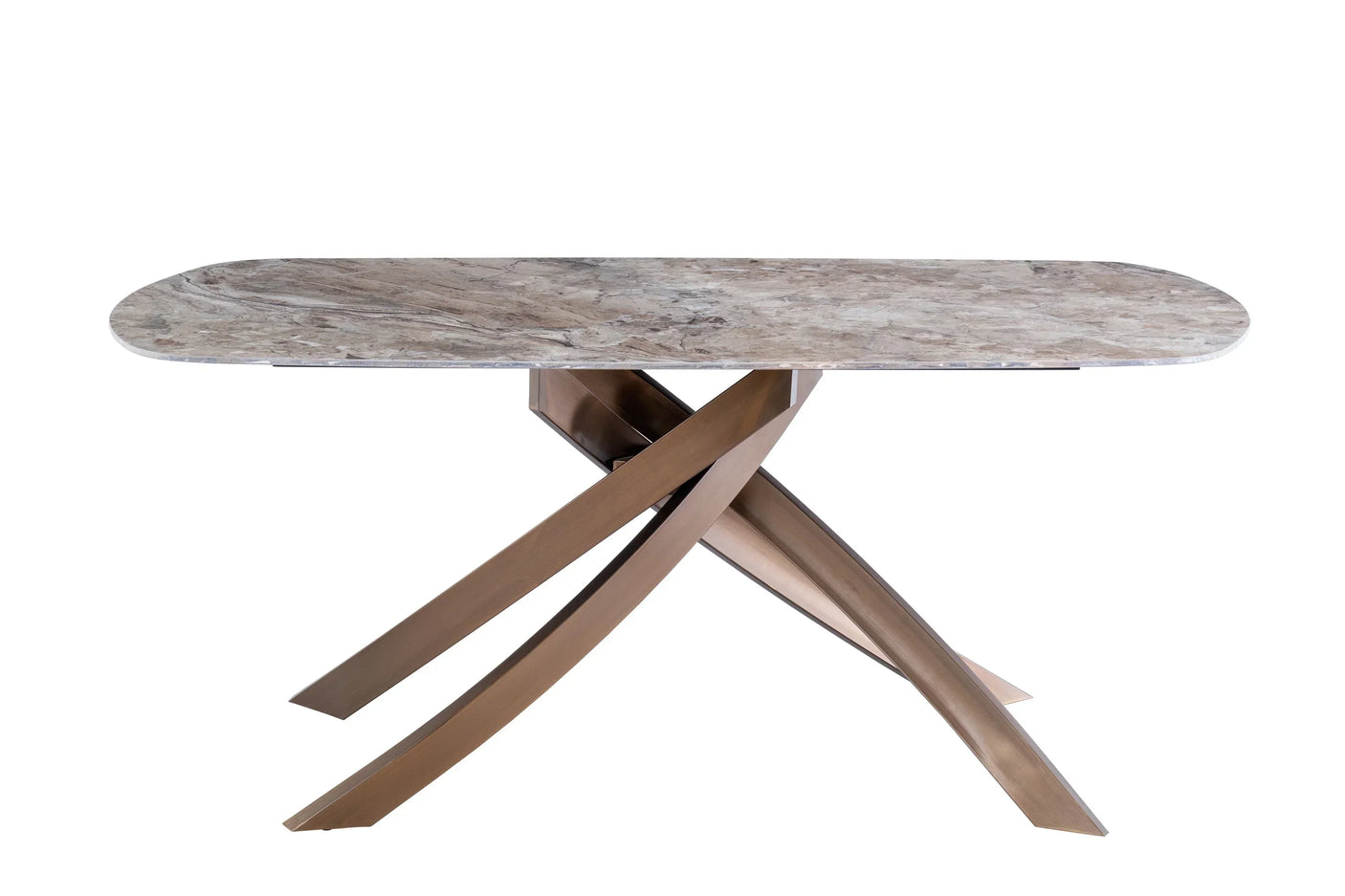 Marble top dining table with curved bronze metal legs, modern rectangular design