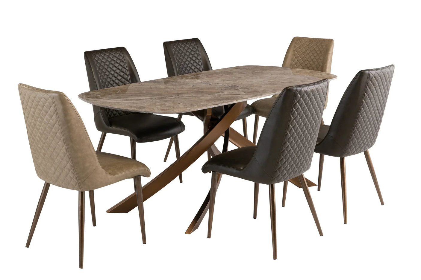 Marble dining table with six quilted upholstered chairs in taupe and dark brown