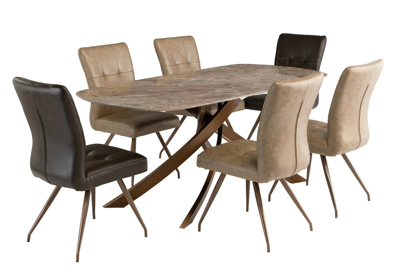 Rectangular marble dining table with six faux leather chairs, bronze metal legs, modern style