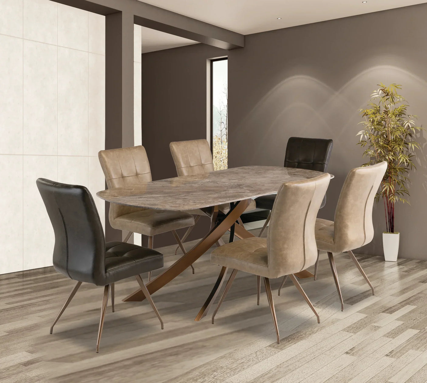 Kabana dining chair set with brown upholstered seats around rectangular marble table