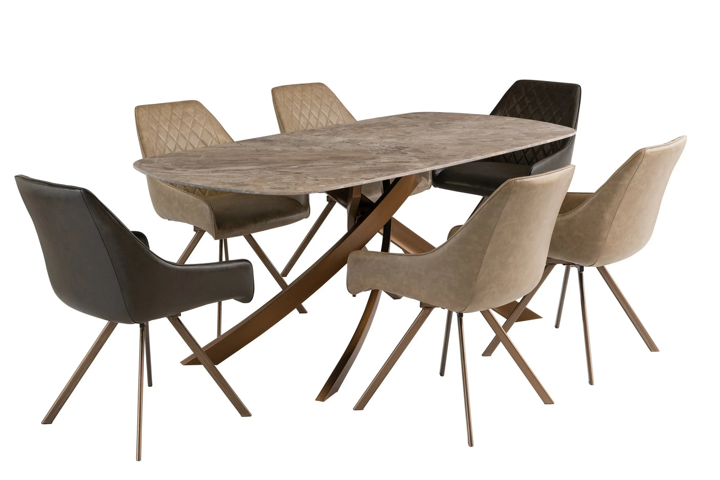 Modern dining table with marble effect top and six beige and brown upholstered dining chairs