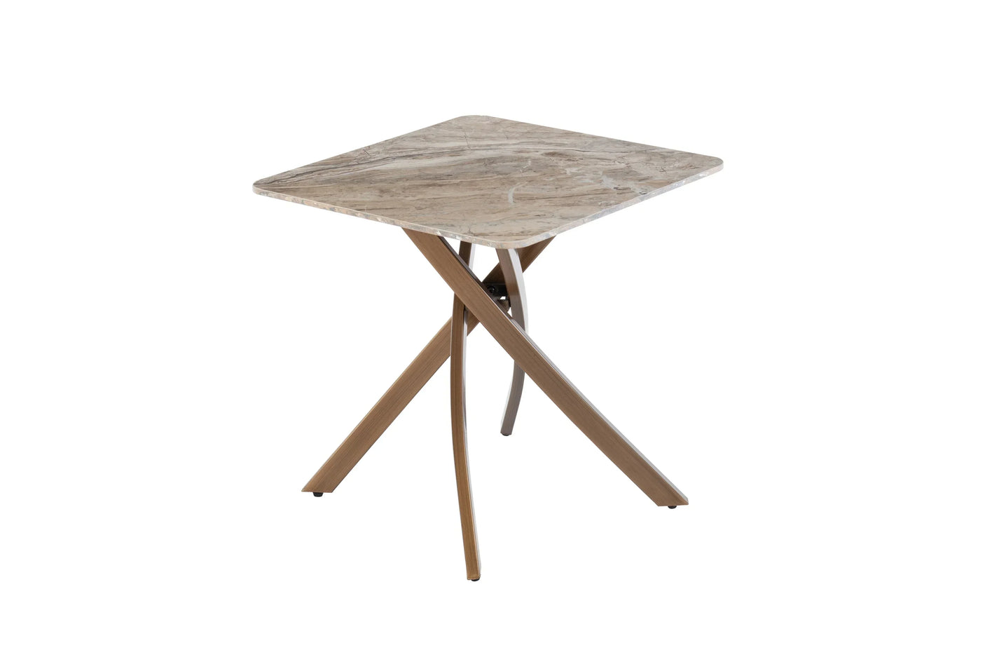 Square marble dining table with intersecting wooden legs on white background