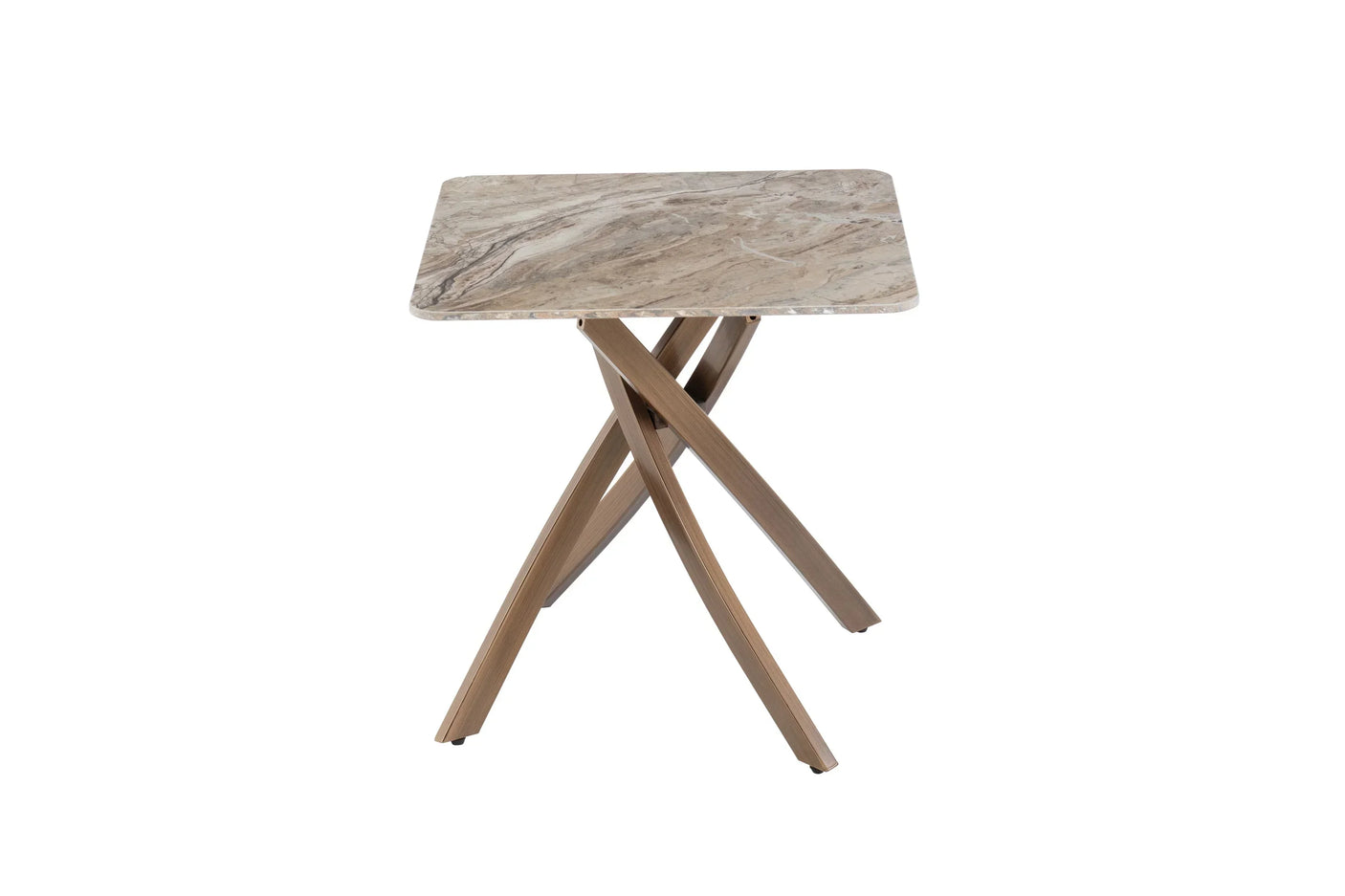 Square marble top side table with crossed wooden legs, modern design furniture