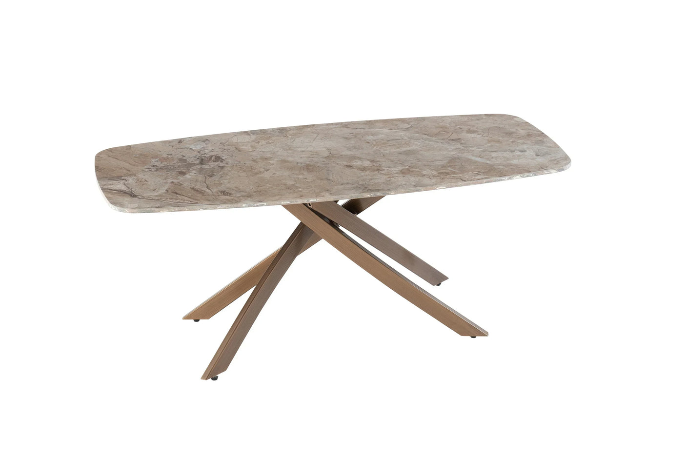 Rectangular marble dining table with crossed wooden legs, shown against a white background