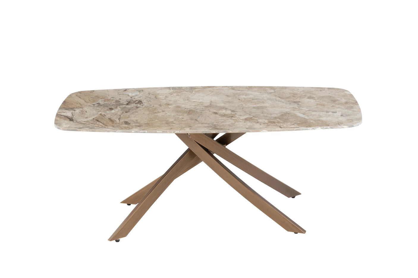 Rectangular marble dining table with crossed wooden legs on white background