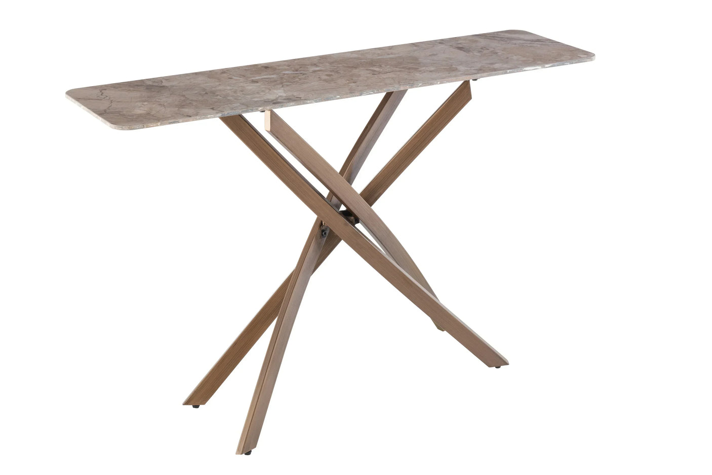 Narrow console table with marble top and intersecting wood legs