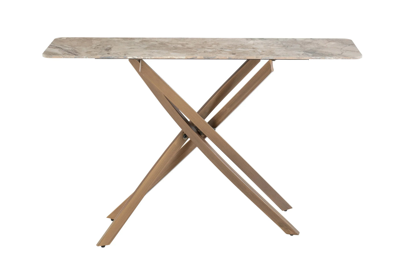 Rectangular marble console table with crossed wooden legs, modern minimalist design