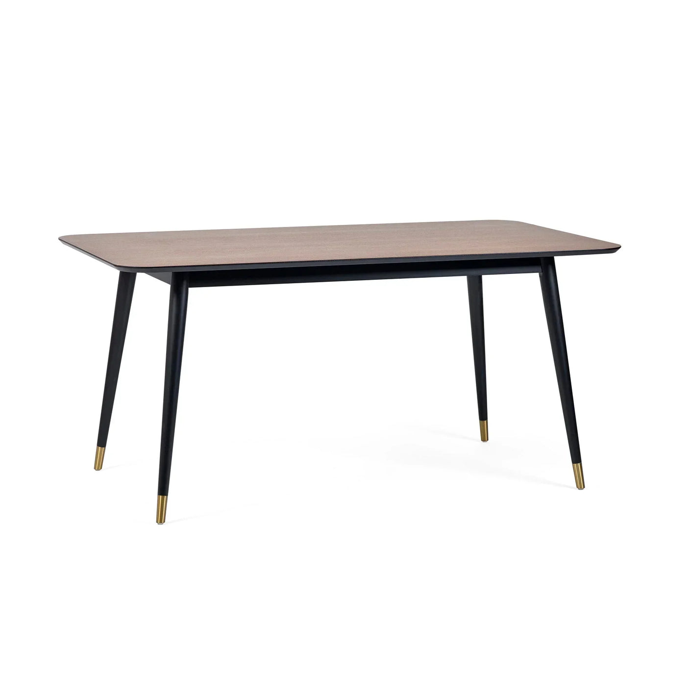 Rectangular dining table with wood top, black tapered legs and gold metal tips