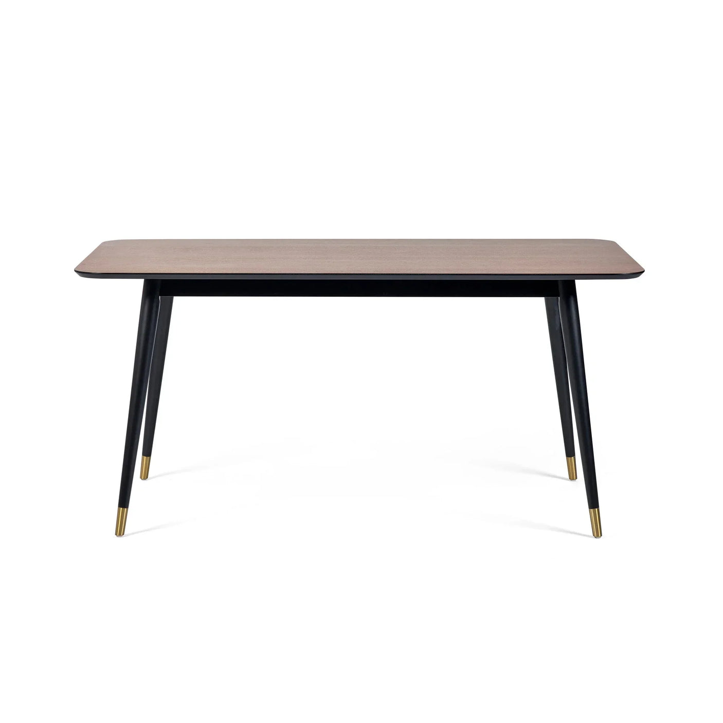 Rectangular wooden dining table with black tapered legs and brass accents