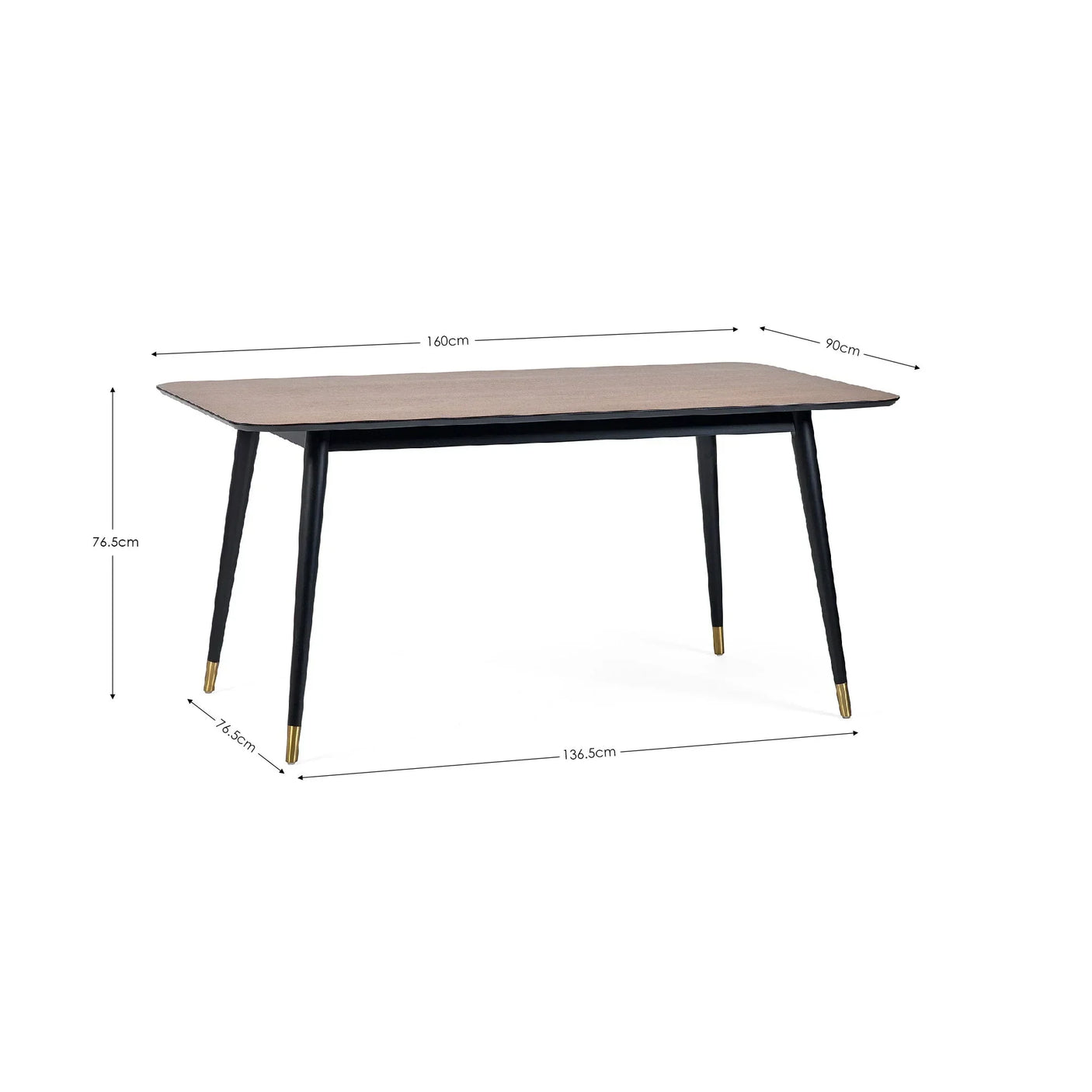 Rectangular dining table with wood top, black legs, gold tips, and size dimensions shown