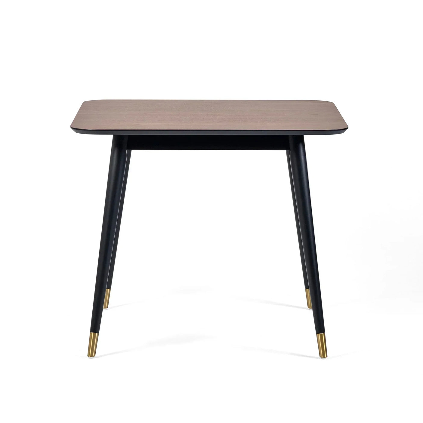 Rectangular dining table with light wood top, black legs, and gold metal accents