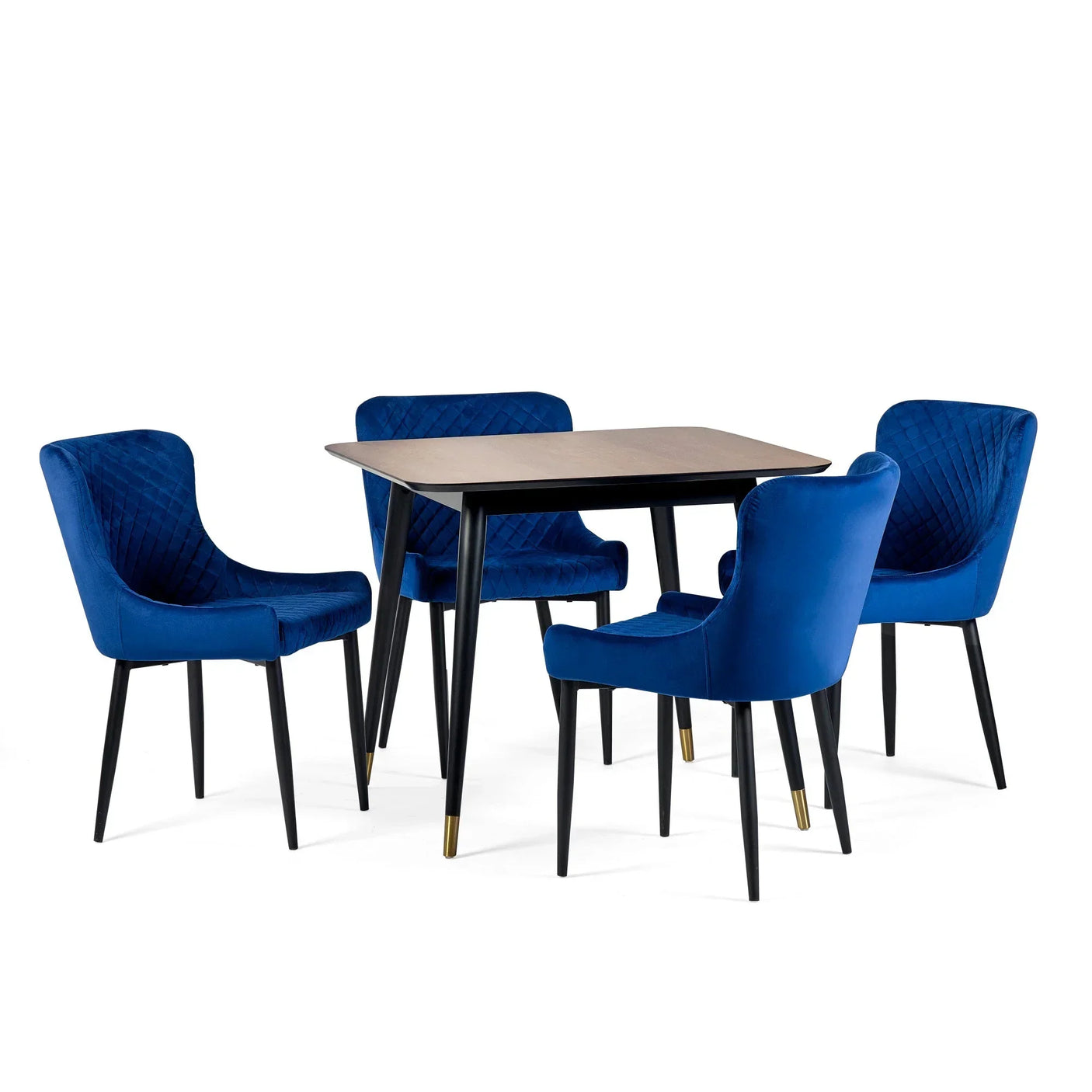 Blue velvet dining chairs with black legs and wood dining table set on white background