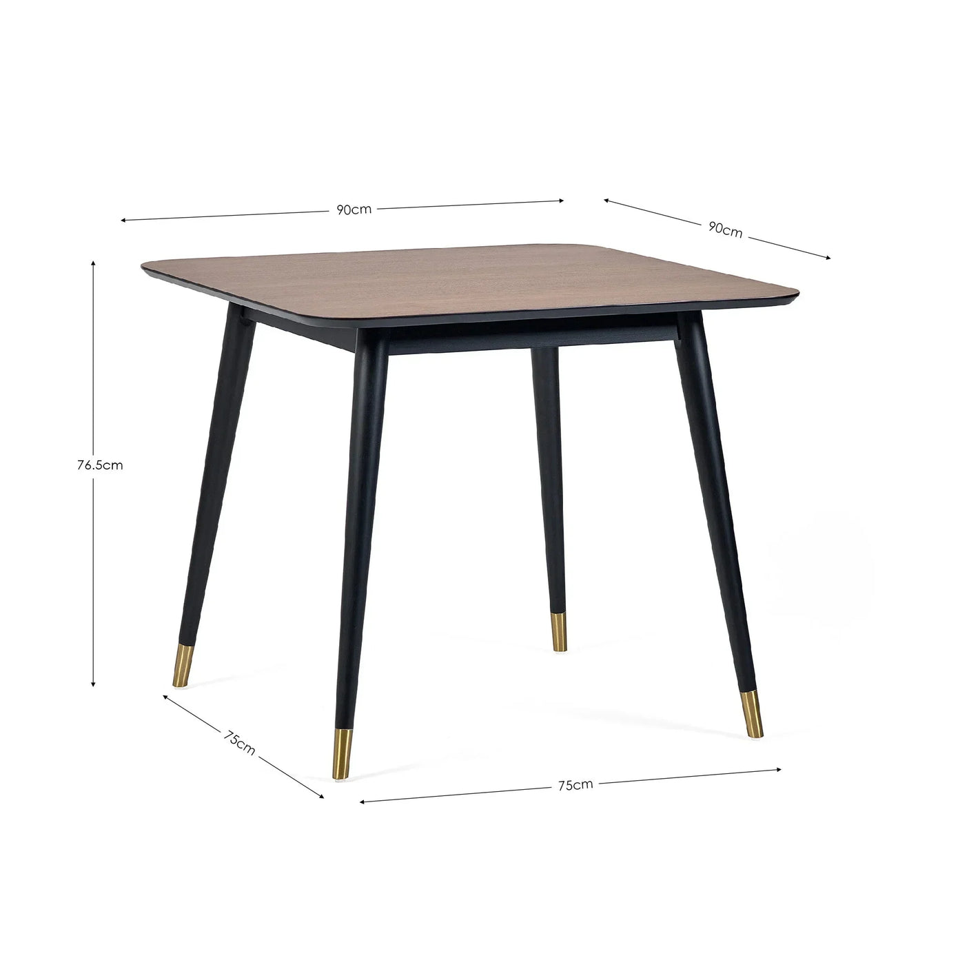 Square dining table with wood top, black tapered legs and gold metal feet, size dimensions shown