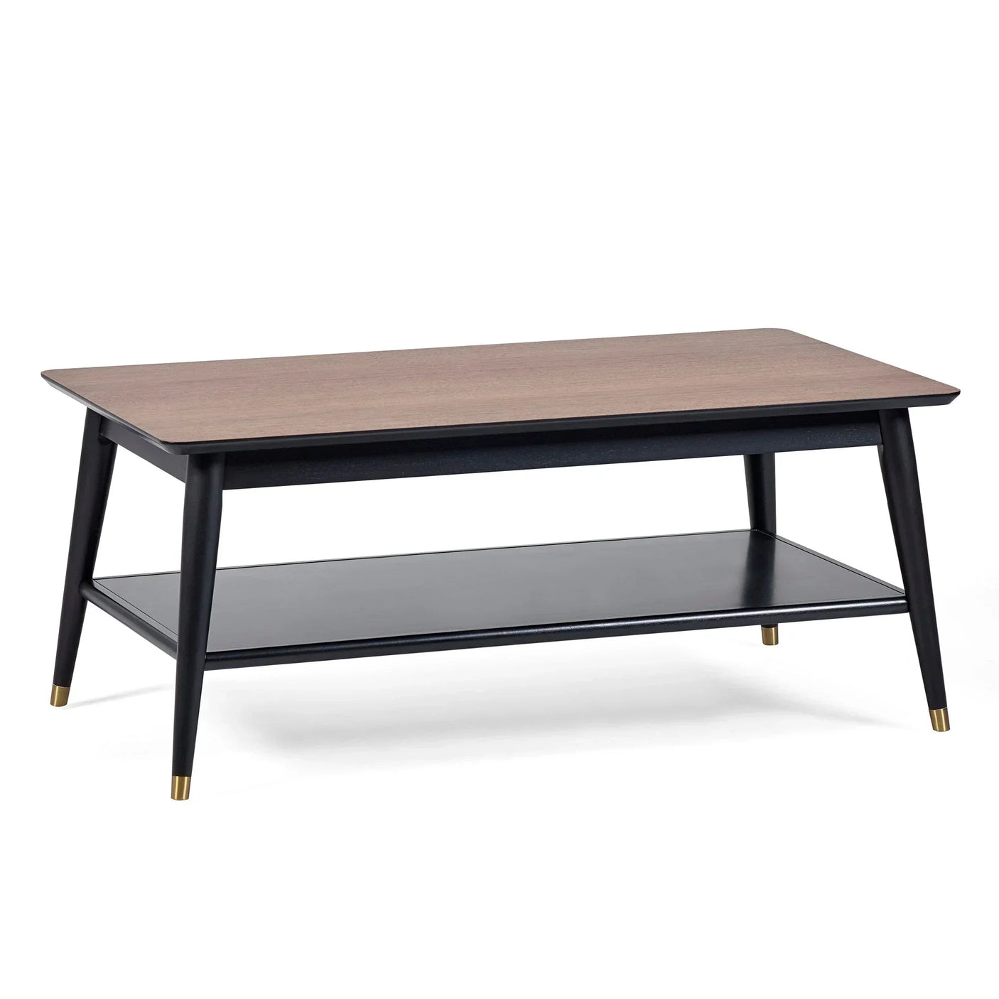 Rectangular coffee table with walnut wood top, black frame, lower shelf and gold leg tips